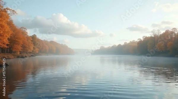 Fototapeta Rippled lake with fall atmosphere — horizontal presentation template for calm and elegant layouts.