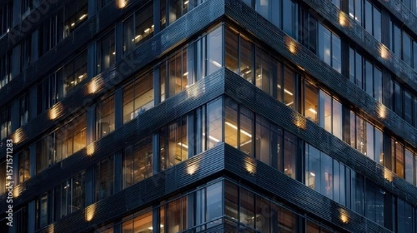 Fototapeta Close-up on the intricate details of a modern building's facade, illuminated by internal lights, hinting at activity within, sleek design, photorealistic, urban sophistication