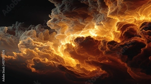 Fototapeta Dramatic fiery clouds in a dark sky. The image captures the power and beauty of nature, with an intense contrast of light and shadow