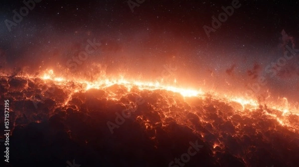 Fototapeta Fiery skies burning with a bright, dramatic glow above dark clouds. The vibrant, warm color creates a striking contrast against the dark background