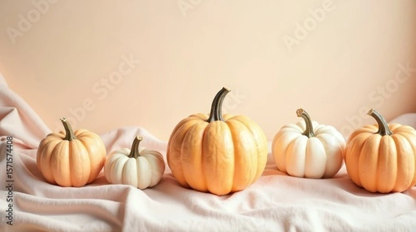 Fototapeta Soft autumn still life — horizontal calm background with pumpkins for commercial use.
