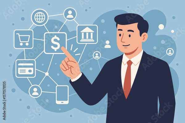 Fototapeta Businessman managing fintech services on a virtual interface. Concept for online banking, e-commerce, digital payment, and global customer network. Financial technology innovation.