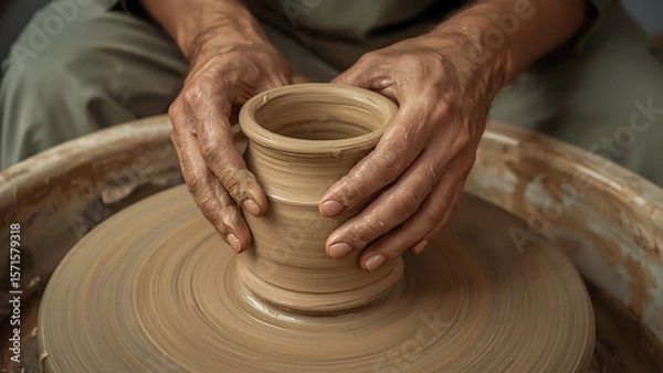 Fototapeta Close-up of clay-stained hands shaping a spinning pot on a wheel, with rich textures, earthy tones, and dynamic motion, evoking rustic craftsmanship and creative energy.
