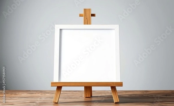 Fototapeta An empty white canvas framed by the warm embrace of a weathered wooden easel stands ready to be transformed into a vibrant display Its pristine surface invites the creation of captivating text design 