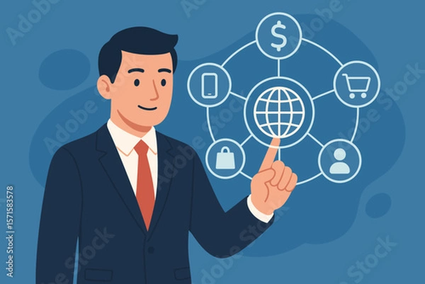 Fototapeta Businessman Touching Global Network Icon with Payment, Online Shopping, Customer Connection, Mobile Banking, Multichannel and Omnichannel Concept on Virtual Screen