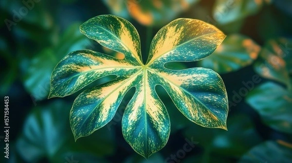 Fototapeta Vibrant, patterned leaf in focus, surrounded by out-of-focus greenery