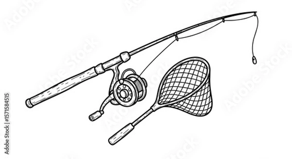 Obraz Fisherman's fishing set — fishing rod and net, vintage vector doodle illustration on white

