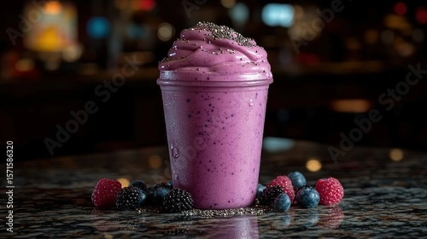 Fototapeta Vibrant purple smoothie topped with chia seeds, garnished with fresh berries