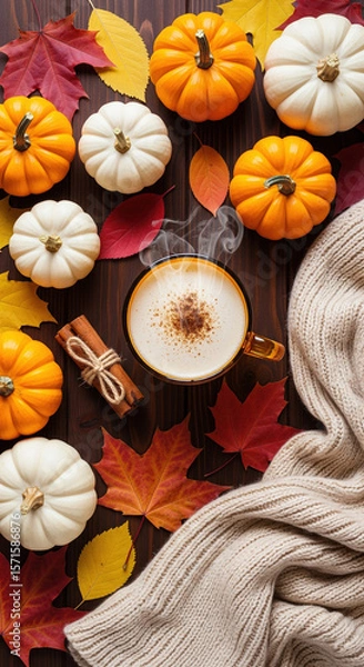 Fototapeta A steaming pumpkin spice latte sits amidst autumn leaves and pumpkins on a rustic wooden table, a cozy scene perfect for fall