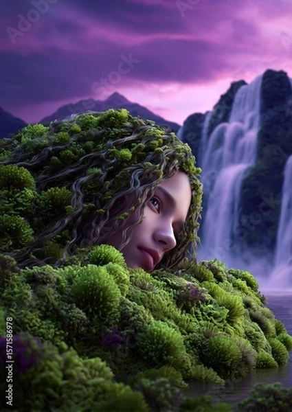 Fototapeta Portrait d'une femme allongée, fusionnant avec la nature devant des cascades, sur fond de ciel violet et de montagnes pittoresques.