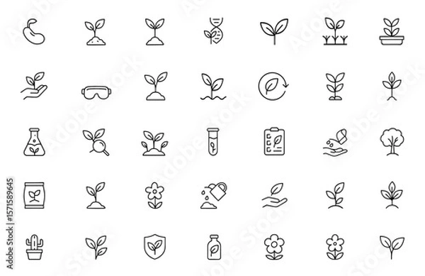Fototapeta Botany line editable icon set, thin stroke plant symbols, herbal leaf illustration, outline flora graphics, botanical science icons, garden vector illustration, nature, environment, organic, biology.