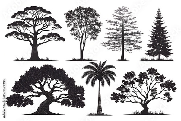 Fototapeta set of trees vector, set of trees silhouettes, Tree Silhouettes Collection: Elegant Vector Trees for Logo & Poster Design
