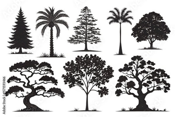 Fototapeta set of trees vector, set of trees silhouettes, Tree Silhouettes Collection: Elegant Vector Trees for Logo & Poster Design