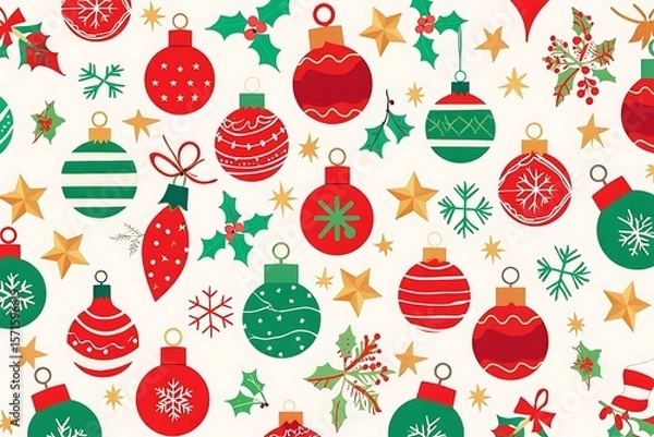 Fototapeta Festive seamless pattern with christmas ornaments holly and golden stars