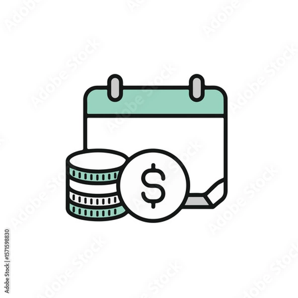 Fototapeta A financial calendar featuring a stack of coins with a dollar sign.