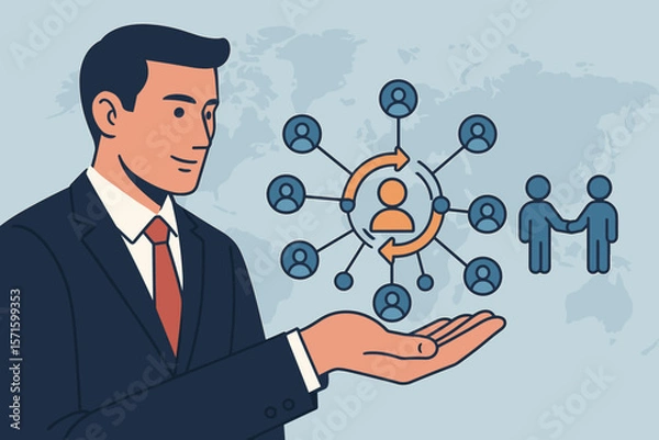 Fototapeta Businessman holding customer retention network. Concept for acquiring new clients, partnership, global business growth, expansion. Client loyalty, marketing strategy, CRM.