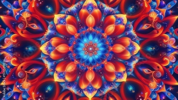 Obraz Vibrant symmetrical abstract mandala with red, blue, orange patterns, colorful spiritual loop in full HD 4K video