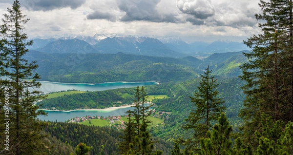 Obraz Herzogstand view to the Walchensee lake with a view though the forest trees