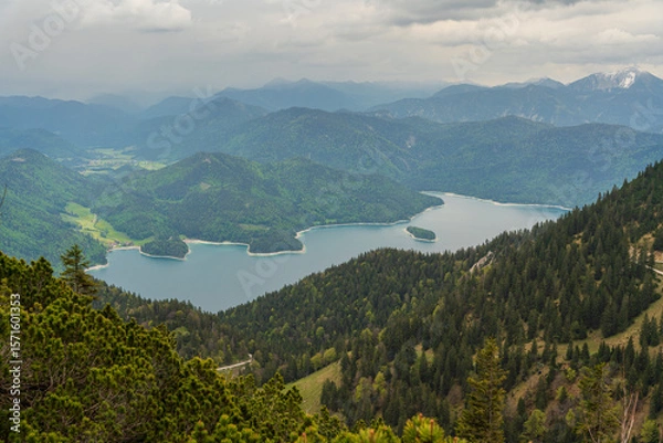 Obraz Herzogstand view to the Walchensee lake with a view though the forest trees