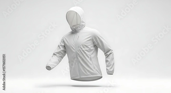 Fototapeta White Hooded Windbreaker Jacket Floating in Studio. Lightweight Athletic Sportswear with Blank Design, Ideal for Product Display and Mockups on Clean White Background