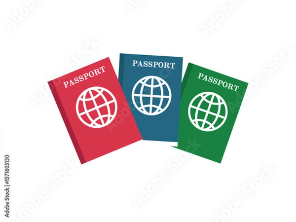 Fototapeta Passport With Map. Red Blue and Green Passports With Globe Realistic Vector Illustration nternational Identification Document. Front Cover. Isolated