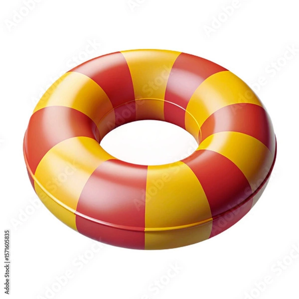 Fototapeta Red and yellow striped inflatable ring floating on white background