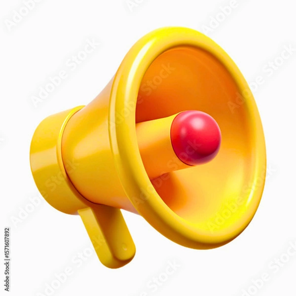 Fototapeta Bright yellow megaphone with red button on white background