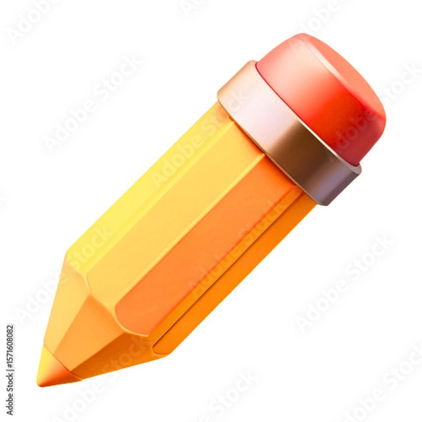 Fototapeta A bright yellow pencil with a pink eraser and silver ferrule on a white background