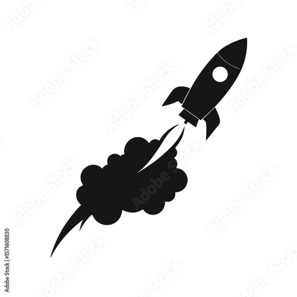Fototapeta Black and white rocket ship icon launching upwards, dynamic, powerful, and fast, symbolizing growth, success, and innovation in a minimalist style.