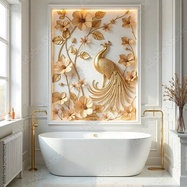 Fototapeta Modern white bathroom with ornate peacock frame high resolution image