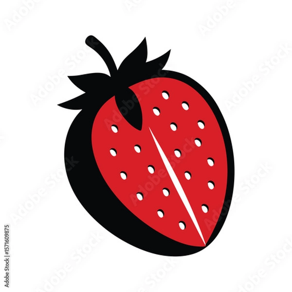 Fototapeta Stylized Red Strawberry Half, Bold Black Outline, Vibrant Graphic Design, Minimalist Fruit Illustration, Perfect for Branding, Food Packaging, and Digital Marketing Projects.