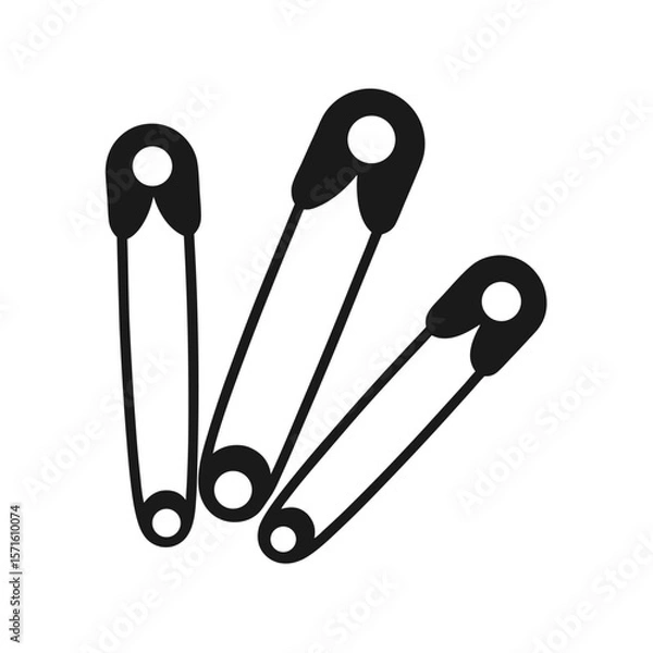 Fototapeta Three safety pins, minimalist black and white vector illustration, simple graphic design, clean lines, modern style, safety, security concept, isolated on white background.
