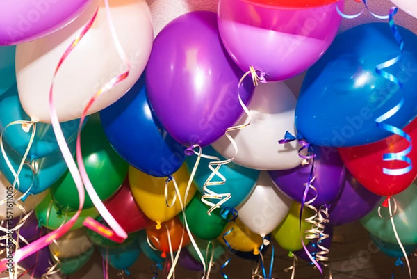 Fototapeta Colorful helium balloons hanging during indoor festive celebration event