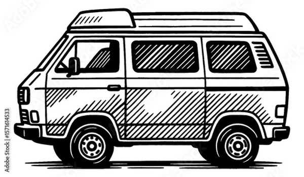 Obraz Illustration of Classic Camper Van in Black and White Line Art Vector