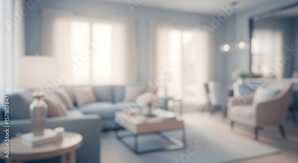 Fototapeta Blurred Interior of a Modern Living Room with Blue Sofa and Natural Light from Windows
