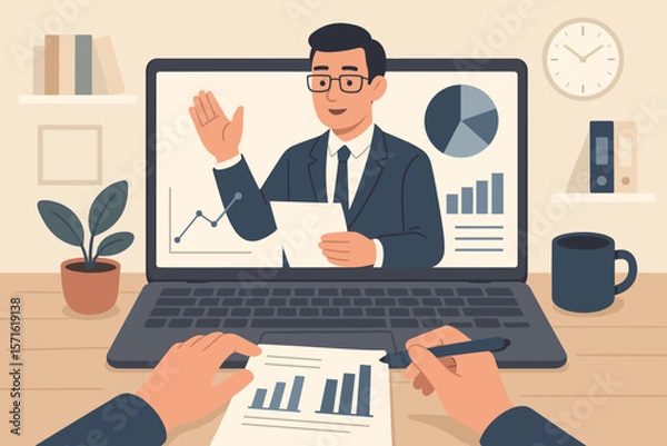 Fototapeta Online business presentation, webinar concept. Man on laptop screen giving a lecture on financial data analysis. Person watches training seminar, remote video conference meeting.