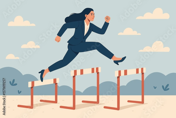 Fototapeta Overcome obstacle, challenge concept. Businesswoman jumping over hurdles. Metaphor for success journey, career progress, aspirations, determination and effort to succeed.