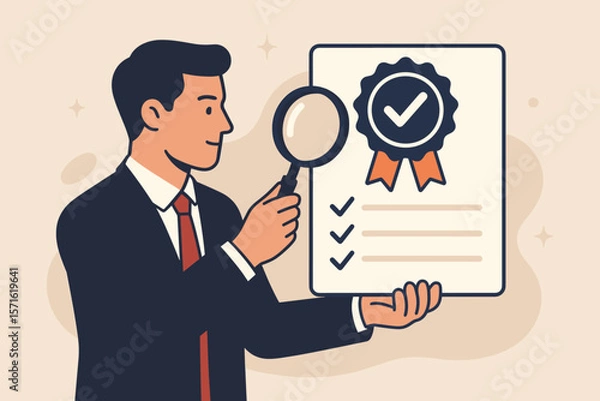 Fototapeta Quality control concept. Businessman inspects certified approval document with magnifying glass. Corporate policy compliance, standard assurance, and guarantee checklist. Vector.