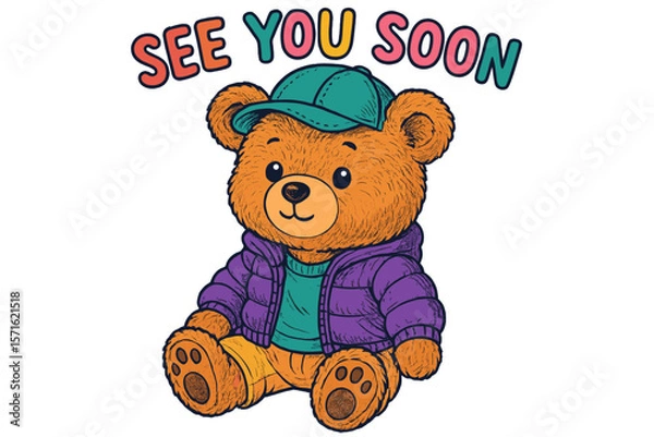 Fototapeta Cute teddy bear wearing a jacket and cap with a friendly expression saying see you soon in colorful lettering