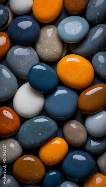 Obraz Smooth, glossy stones; abstract background; blue, orange, and beige tones; minimalist, modern design; calming, serene mood.