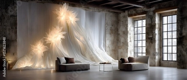 Fototapeta Loft Studio Illuminated Fabric Drape, Modern Furniture