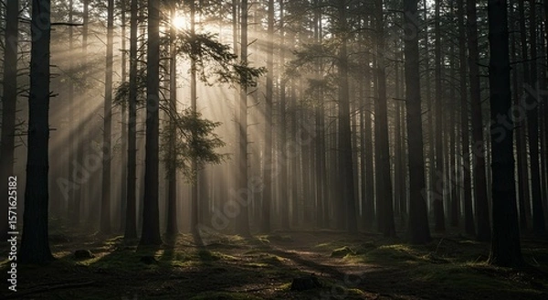 Fototapeta Moody Forest Background with Dramatic Sunbeams and Fog.