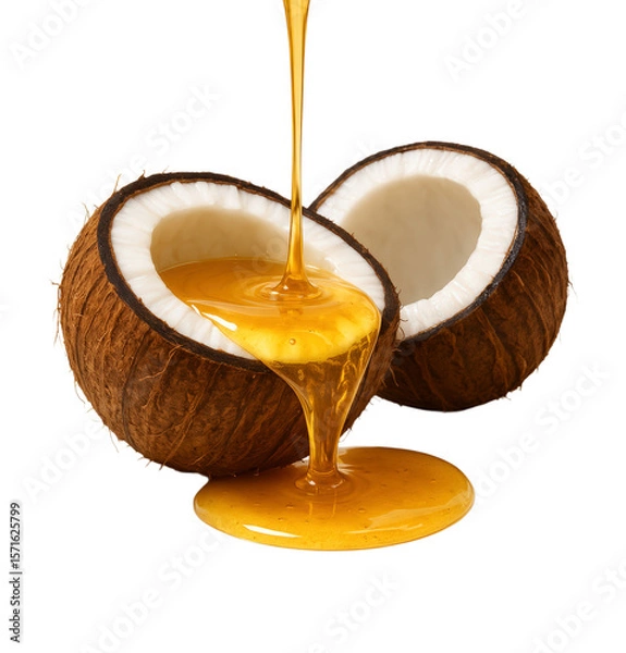 Obraz Flowing Coconut Oil into Cracked Coconut Halves, Isolated on Transparent and White Background