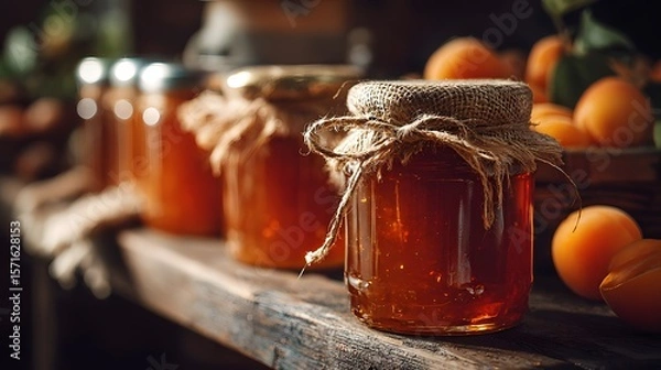 Fototapeta Detailed rustic still life photo capturing apricot jam in vintage glass jars elegantly arranged on a wooden table with sunlit artisanal appeal