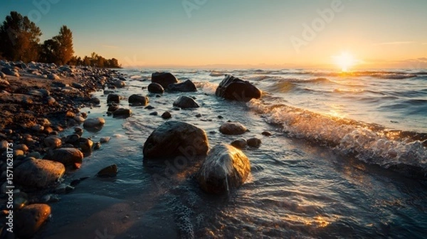 Fototapeta Exquisite narrative capturing a serene coastal sunset where the artful interplay of light, water, and natural stone textures creates a vision of peaceful elegance