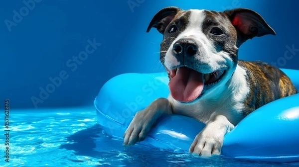 Fototapeta Exuberant summer canine on a blue inflatable pool float capturing the spirit of joyful vacation days on a radiant blue backdrop
