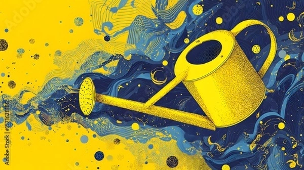 Fototapeta Dynamic Endless Watering Can with Continuous Fluid Pouring Rendered in Vibrant Yellow Vector Style on a Lively and Engaging Background