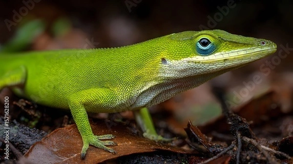 Fototapeta Stunning Close-Up of a Green Anole Engaged in Intricate Courtship and Mating Displays amid Lush Forest Textures