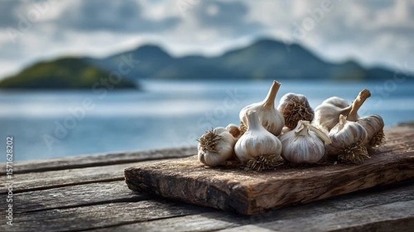 Fototapeta Meticulous Arrangement of Freshly Harvested Garlic on an Aged Wooden Board with a Distant Archipelago Backdrop Highlighting Pure Farmfresh Ingredients and Healthy Culinary Artistry