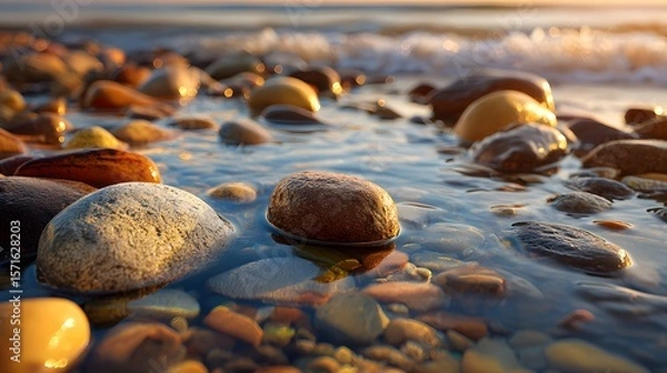 Fototapeta A detailed portrayal of a peaceful coastal sunset scene with natural stone textures, gentle sea waves and soft natural lighting across a tranquil shore